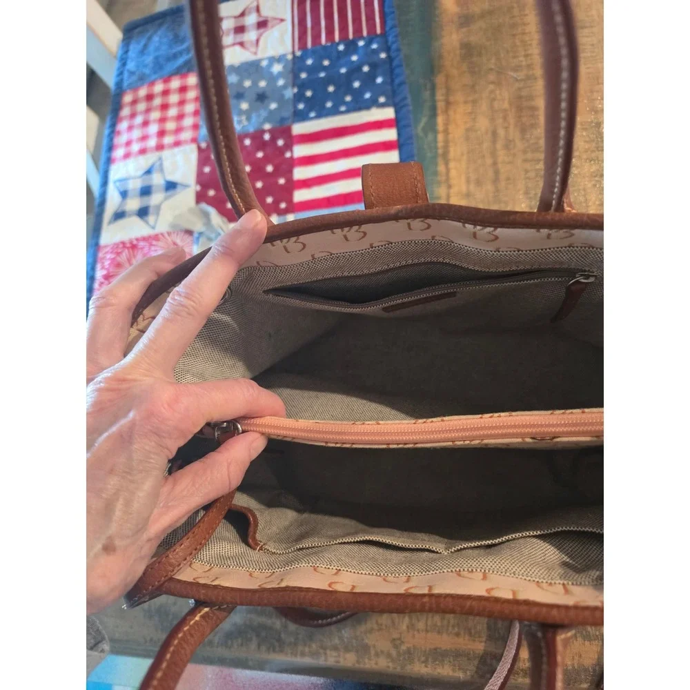 Dooney & Bourke Signature Monogram Beige Canvas Satchel Bag Brown Leather Trim